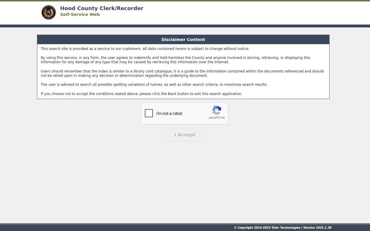 Hood County court record portal disclaimer