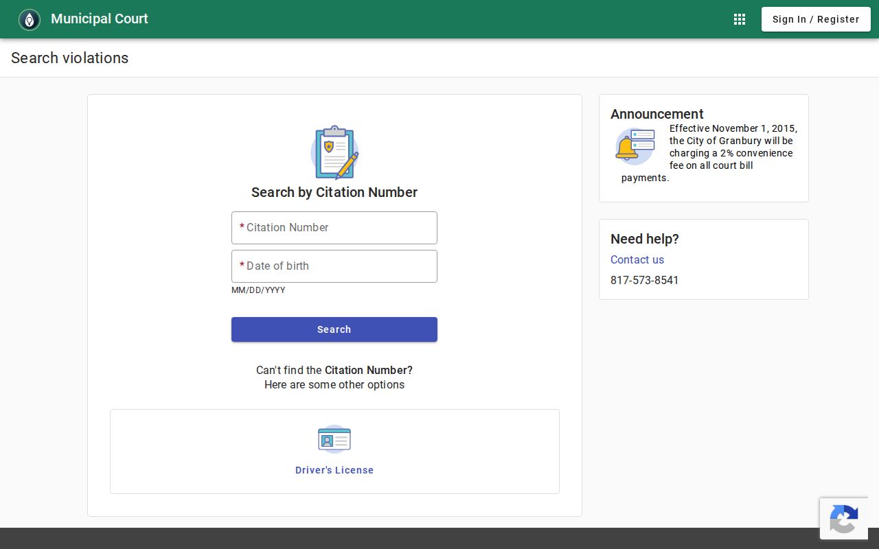 Hood County traffic ticket search fields in Granbury