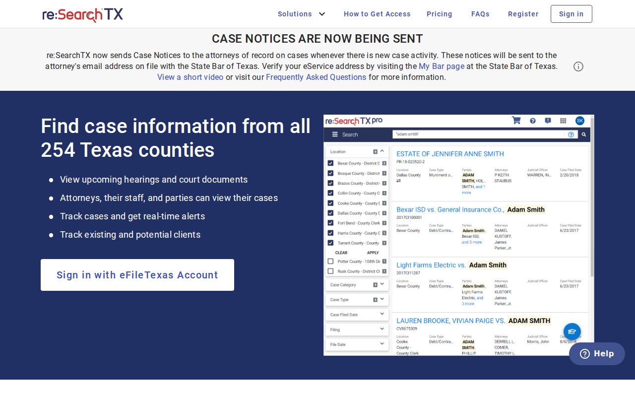 Hood County court docket search through the re:SearchTX interface